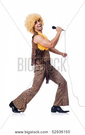 Man with afrocut and mic isolated on white