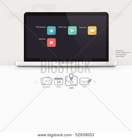 Website template elements: Set elements of infographics: computers monitor and icons