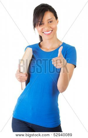 Beautiful young woman with book showing it's all OK. Isalated on white. 