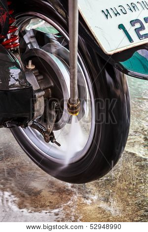 Wheel Motorcycle Washing With Water Pressure.