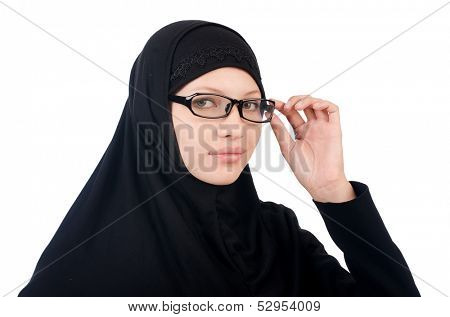 Woman with muslim burqa isolated on white