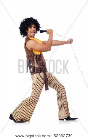 Man with afrocut and mic isolated on white