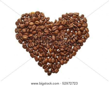 Photo of coffe beans in a shape of heart on white background