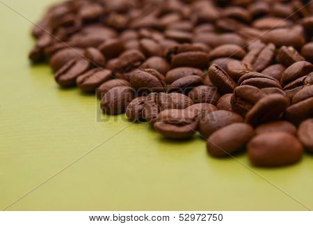 Photo of coffee beans on green background