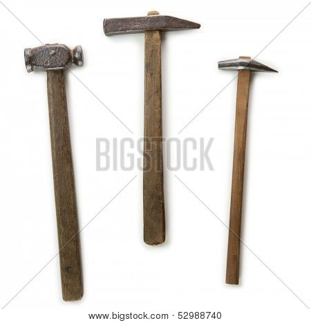 Set of three antique hammers with hand forged iron hammer heads 