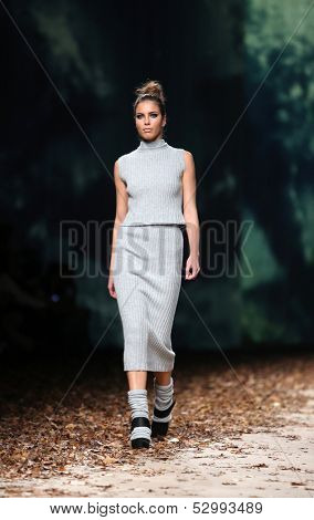 ZAGREB, CROATIA - OCTOBER 25: Fashion model wearing clothes designed by Etna Maar on the Cro a Porter show on October 25, 2013 in Zagreb, Croatia.