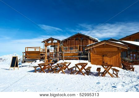 Mountain ski resort with snow in winter, Courchevel, Alps, France