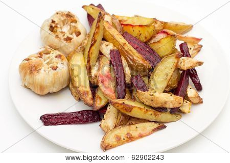 Oven Baked Potatoes, Beetroot, Celeriac And Garlic Bulbs