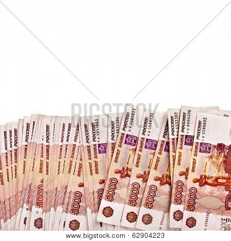 Border Frame of Russian rubles banknotes surface top view isolated on white background