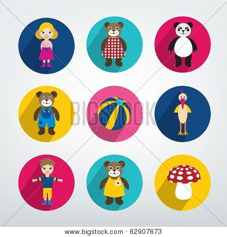 Collection of kids flat icon. Colorful toys pictograms.