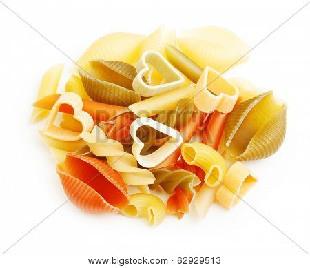 Heap of different type of pasta on white background