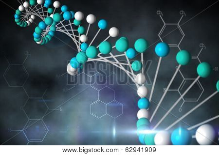 Digitally generated blue DNA strand with chemical structures