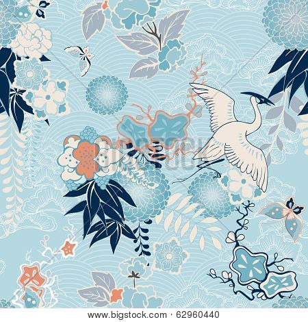 Kimono background with crane and flowers