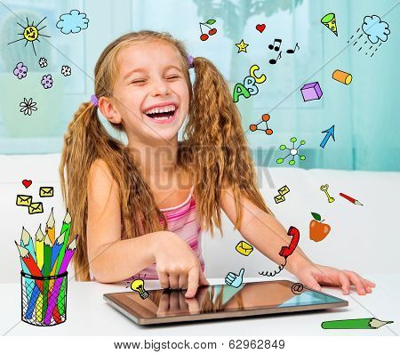 Happy little girl and her magic tablet