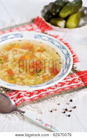 Rassolnik - Soup With Pearl Barley And Salty Cucumbers