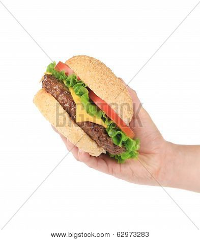 Hand holds fresh hamburger.