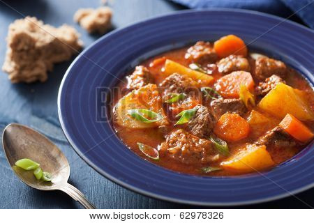 beef stew with potato and carrot in blue plate