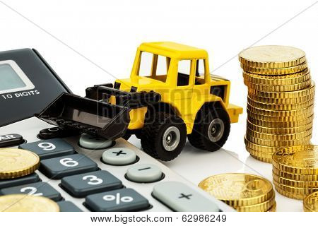 cost accounting in the construction industry and the construction industry. higher higher prices in road construction and in residential construction. excavator with coins and calculator