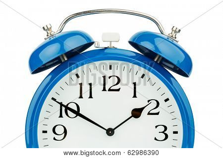 a blue alarm clock on white background. a wake white dial
