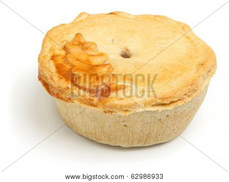 Individual steak pie on white background.