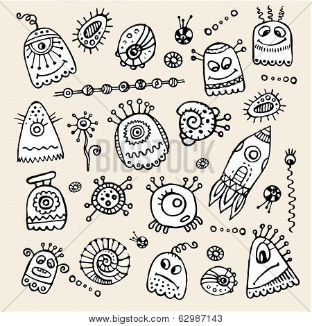 Vector aliens and monsters hand drawn set