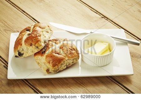 Hot Cross Bun On White Dish