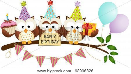 Cute Three Owls Happy Birthday