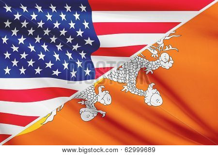 Series Of Ruffled Flags. Usa And Bhutan.