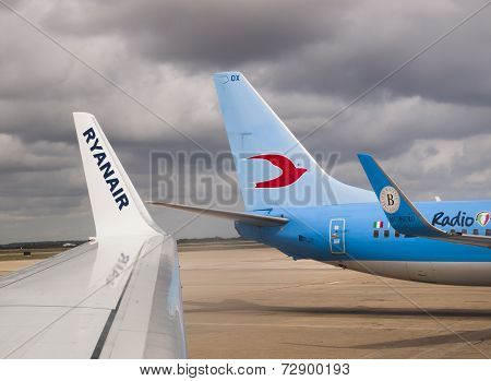 Menorca, Spain - September 28 Planes Of Neos And Ryanair Airlines In The Menorca´s Airport, In Menor