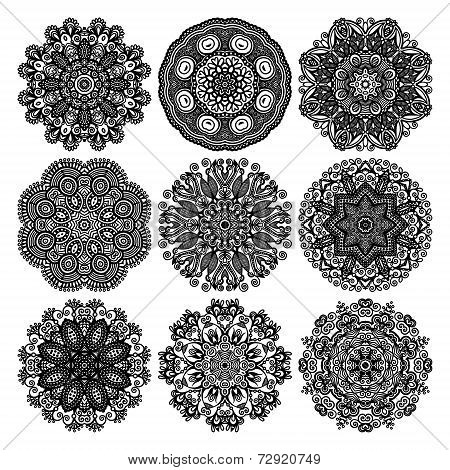 Circle lace ornament, round ornamental geometric doily pattern,
