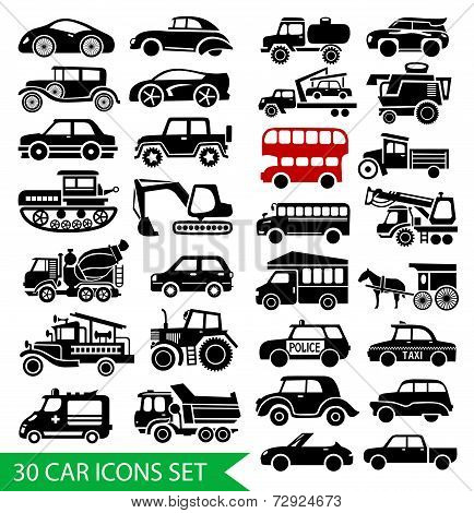 30 car icons set, black auto web pictogram collection