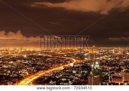 Panorama View Of Bangkok City Scape At Nighttime