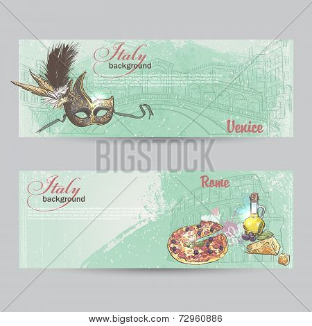 Set of horizontal banners of Italy. Cities of Rome and Venice mask Pitz cheese and a can of oil