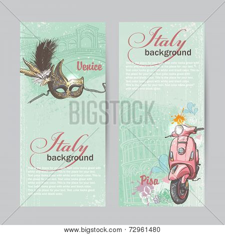 Set of verticall banners of Italy. Cities of Pisa and Venice with a mask and a pink moped