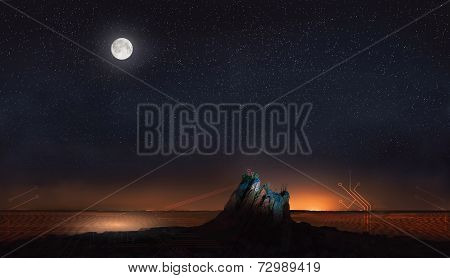 moon and stars in desert with abstract lines