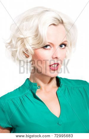 Portrait of caucasian dyed hair woman with shifty eye 