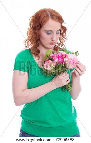 Isolated lovesick woman with flowers