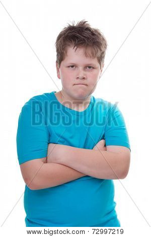 Half-length of boy with folded arms. 