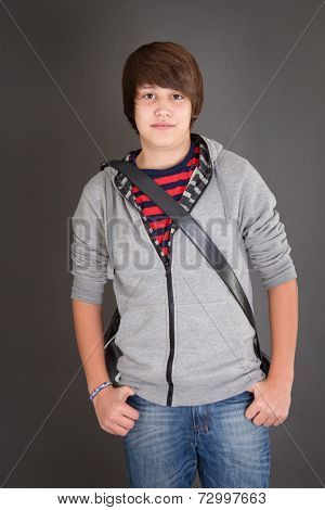 Three-quarter length of teenager boy with shoulder bag. 