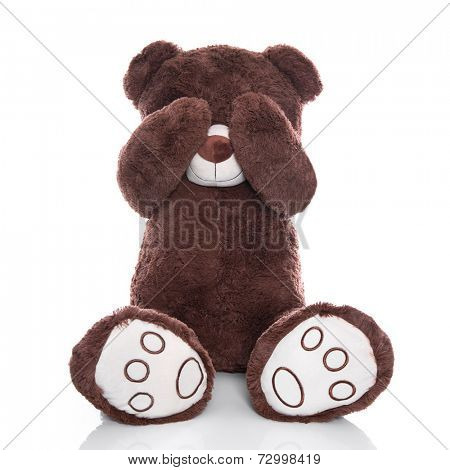 Lonely teddy bear covering eyes isolated on white background - sadness or problems concept