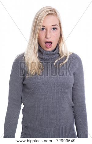 Young blonde woman shocked with dropped jaw isolated on white background - fright