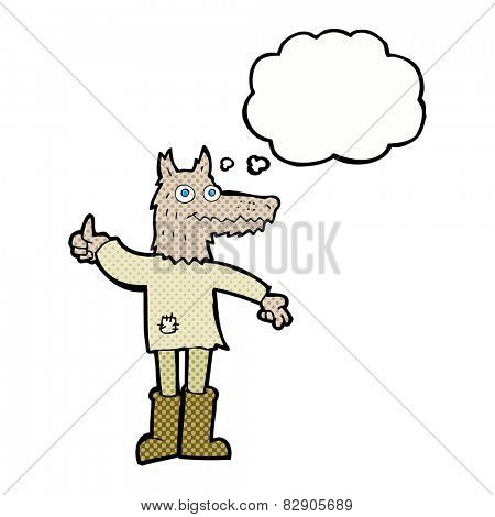 cartoon wolf man with thought bubble