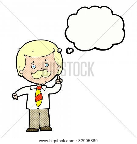 cartoon newsreader man with idea with thought bubble
