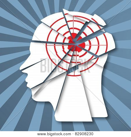 Human profile with red target. Information attack and headache