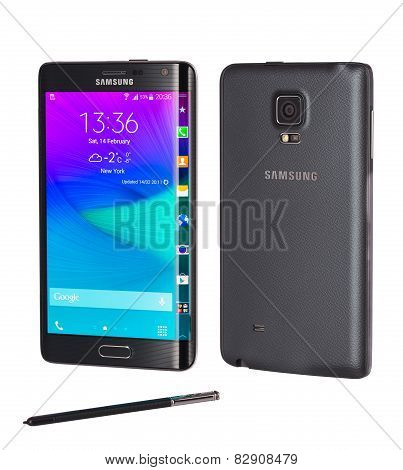 Front And Back View Of A Black Samsung Galaxy Note Edge