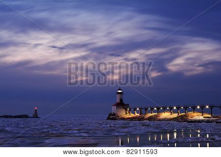 Night Falls on Winter Lighthouse