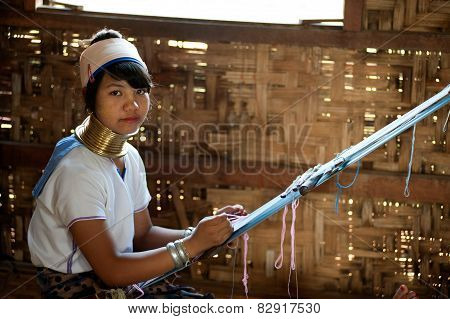 Portrait Of Kayan Lahwi  Girl Is Weaving.