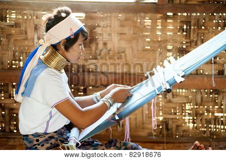 Portrait Of Kayan Lahwi  Girl Is Weaving.
