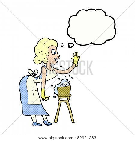 cartoon housewife washing up with thought bubble