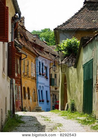 Sighisoara ยุคกลางถนน ทรานซิลเวเนียโรมาเนีย
